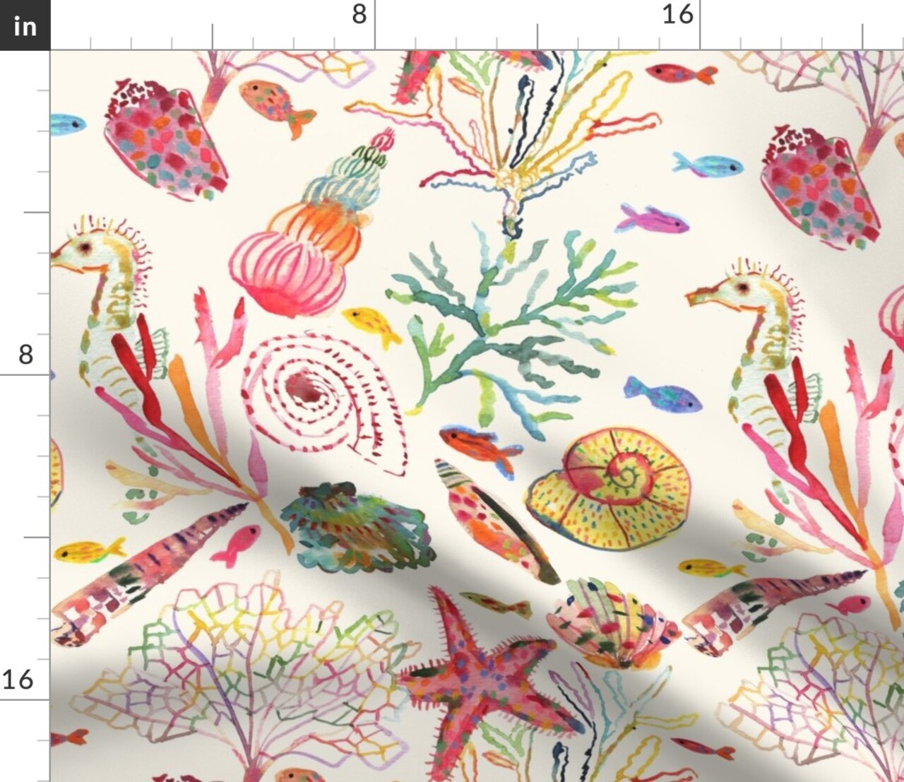 Seashells Watercolor Painted Sea Life Coral Reef Underwater Starfish Beach House Custom Printed Fabric by Spoonflower Various Fabrics by the Yard or Fat Quarter